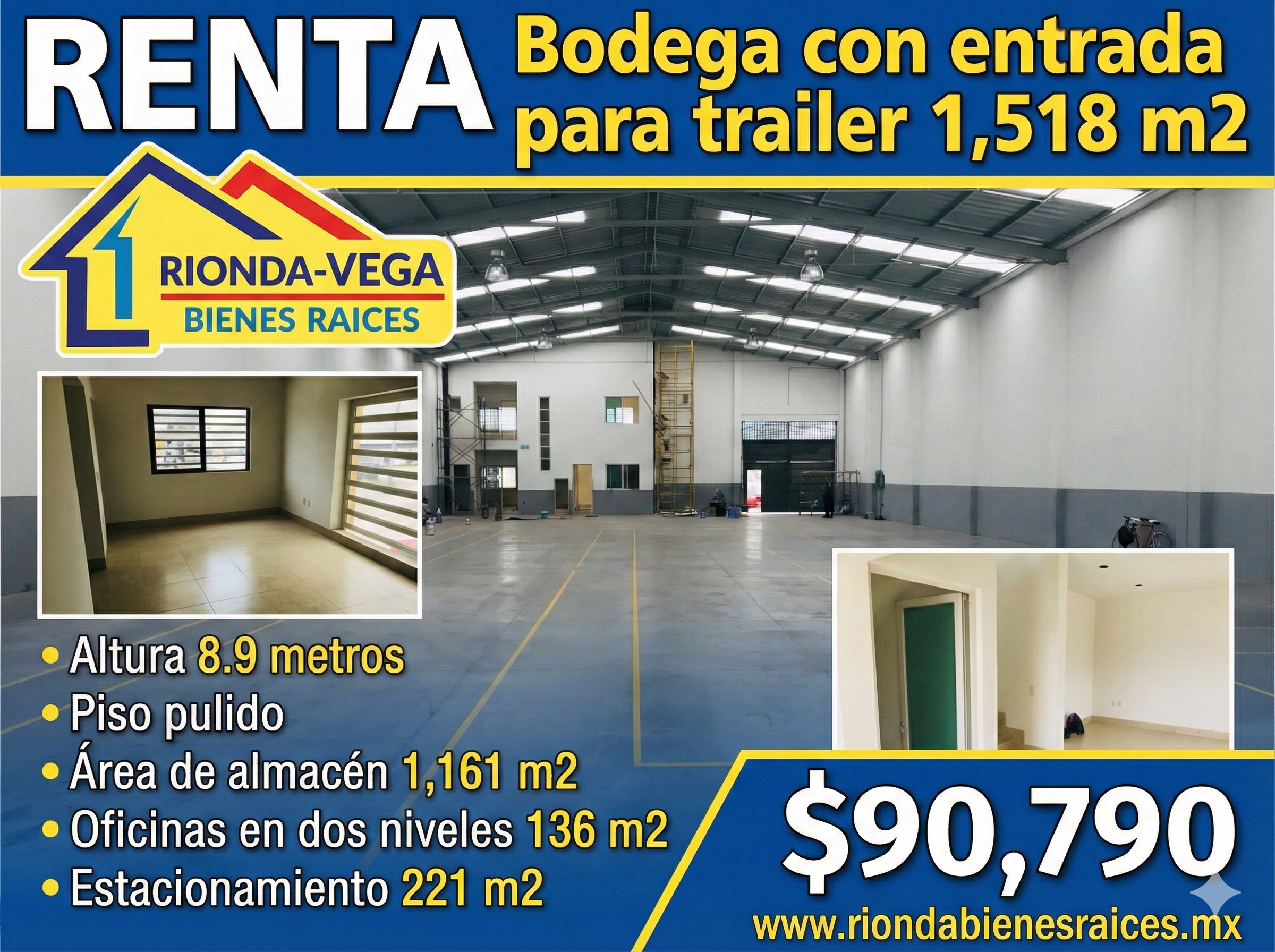 Bodega de 1,518 m2 en renta en zona sur 